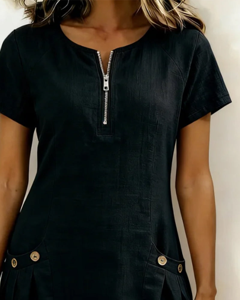 Kovira - Cotton Linen Short Dress with Zipper and Pockets