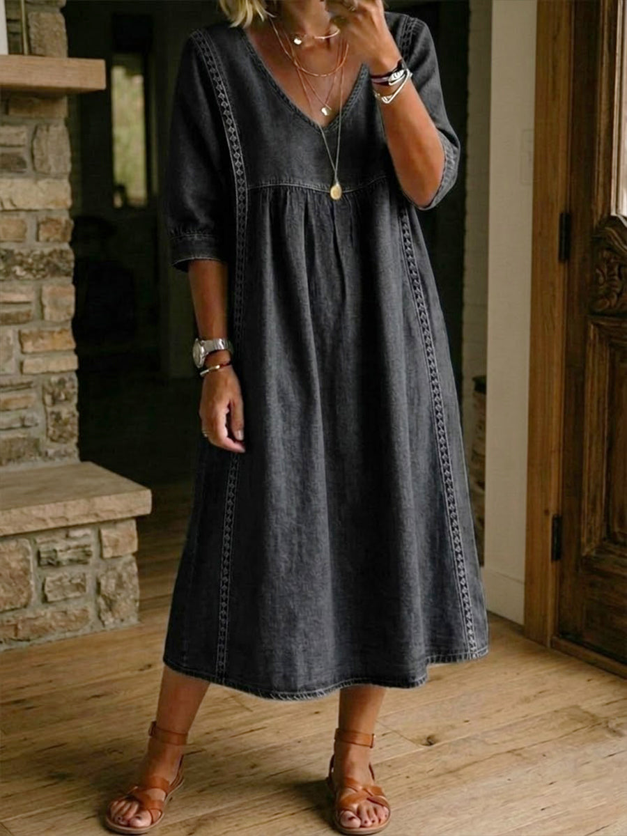 Fyntra - Women's Flowy Denim V-Neck Lace Casual Elegant Dress