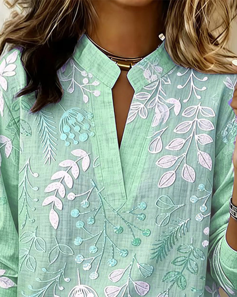 Drynora - Women's Floral Print Open Collar Long Sleeve Elegant Style Blouse