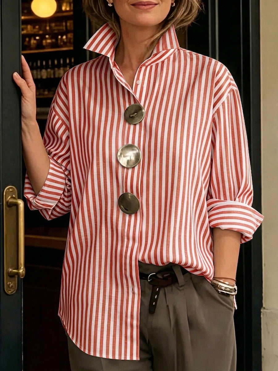 Qyra - Women's striped shirt, flowing fit, structured collar, elegant decorative buttons