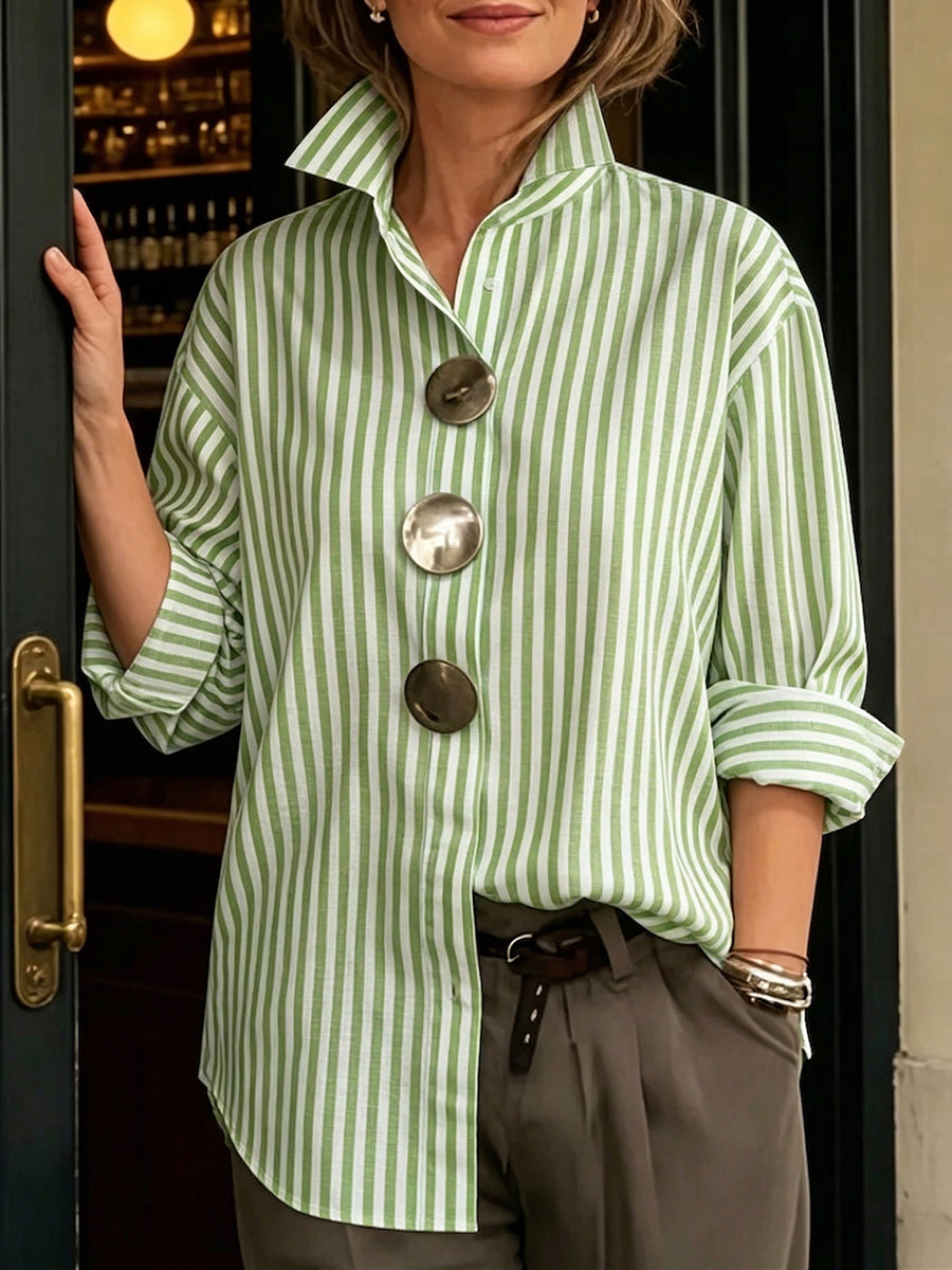 Qyra - Women's striped shirt, flowing fit, structured collar, elegant decorative buttons