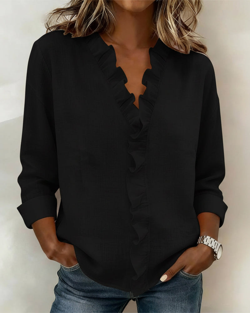 Elissavienne - Elegant Cotton Blouse with Ruffles and V-Neck