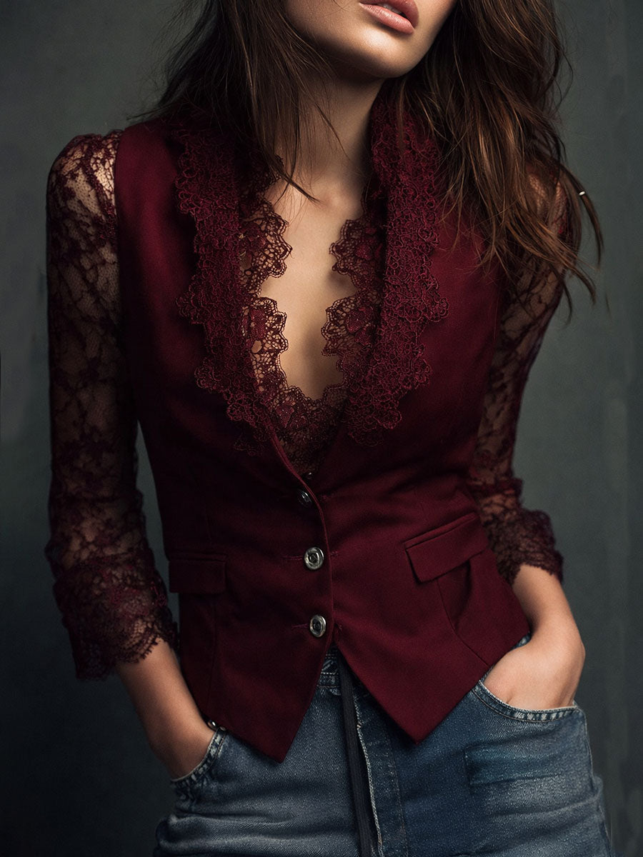 Bruxelle - Women's Elegant Lace Blouse with Transparent Sleeves