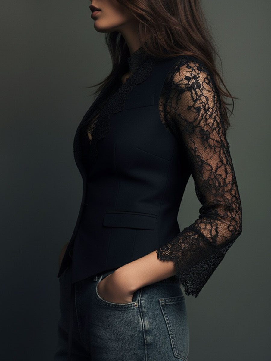 Bruxelle - Women's Elegant Lace Blouse with Transparent Sleeves