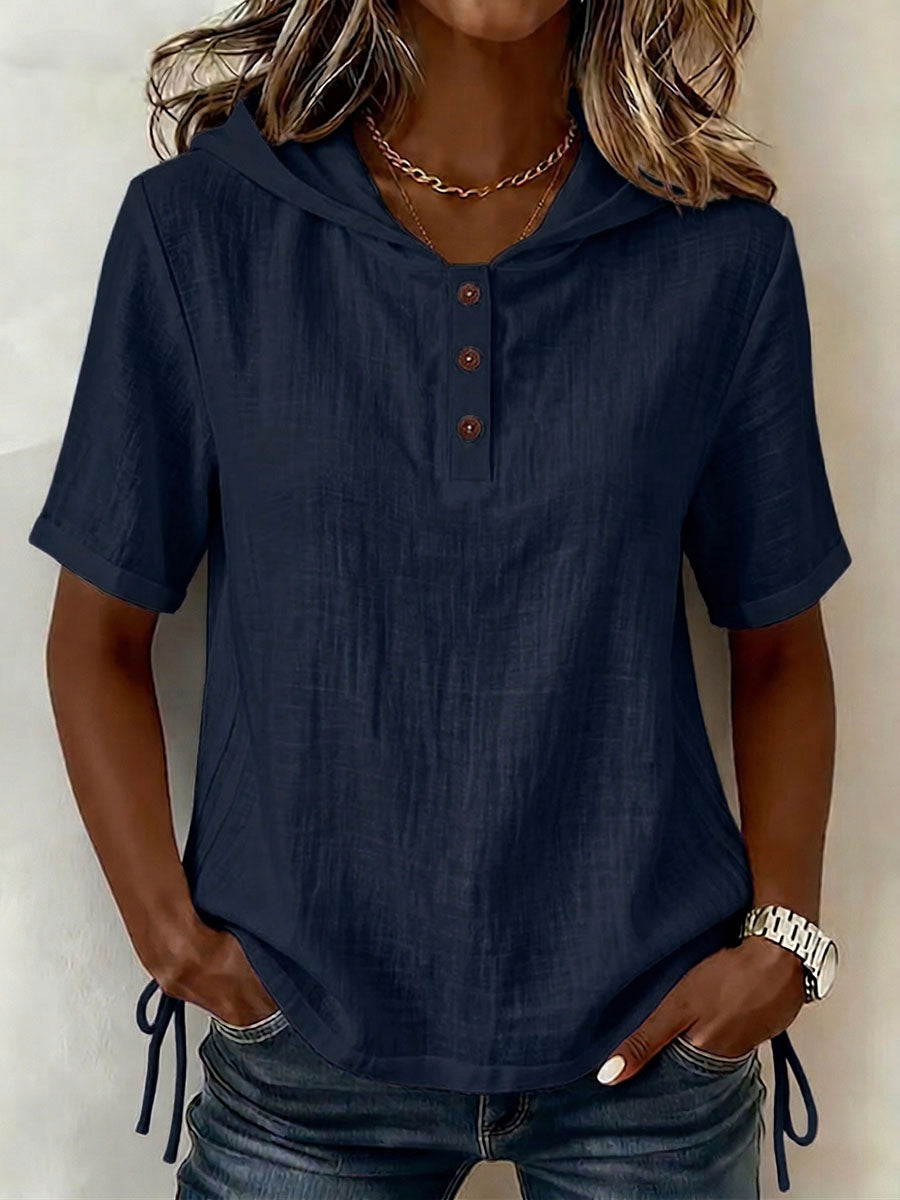 Aevrixa - Women's flowing short-sleeve hooded top with button-up open collar, casual style
