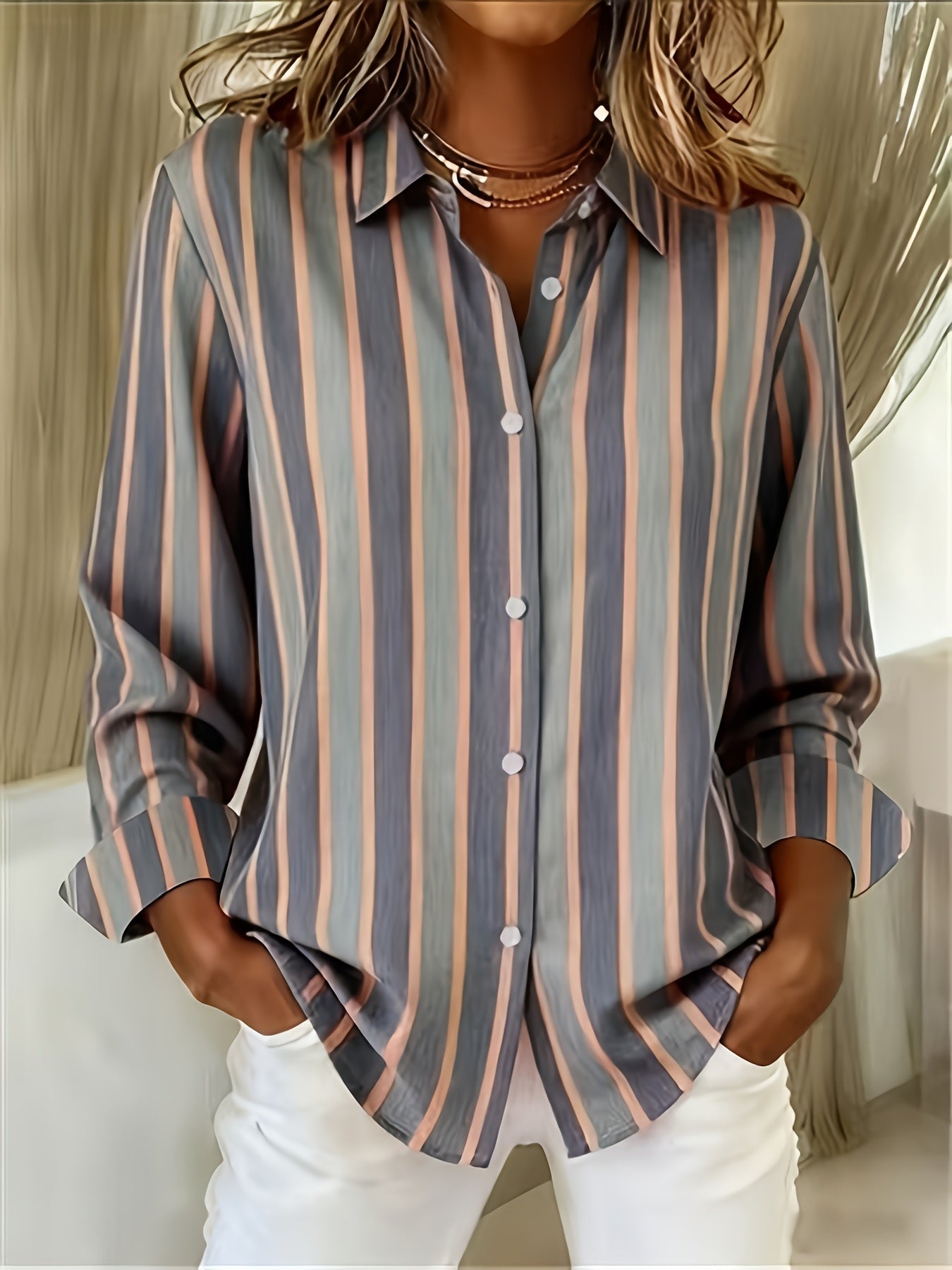 Qirexa - Women's Vertical Striped Loose Fit Button-Down Casual Shirt