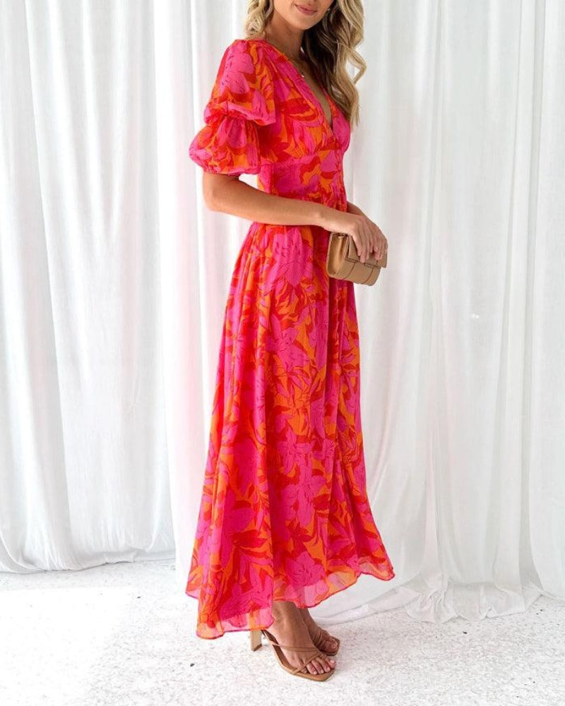 Izzora - Women's elegant long flowing printed V-neck short-sleeve dress