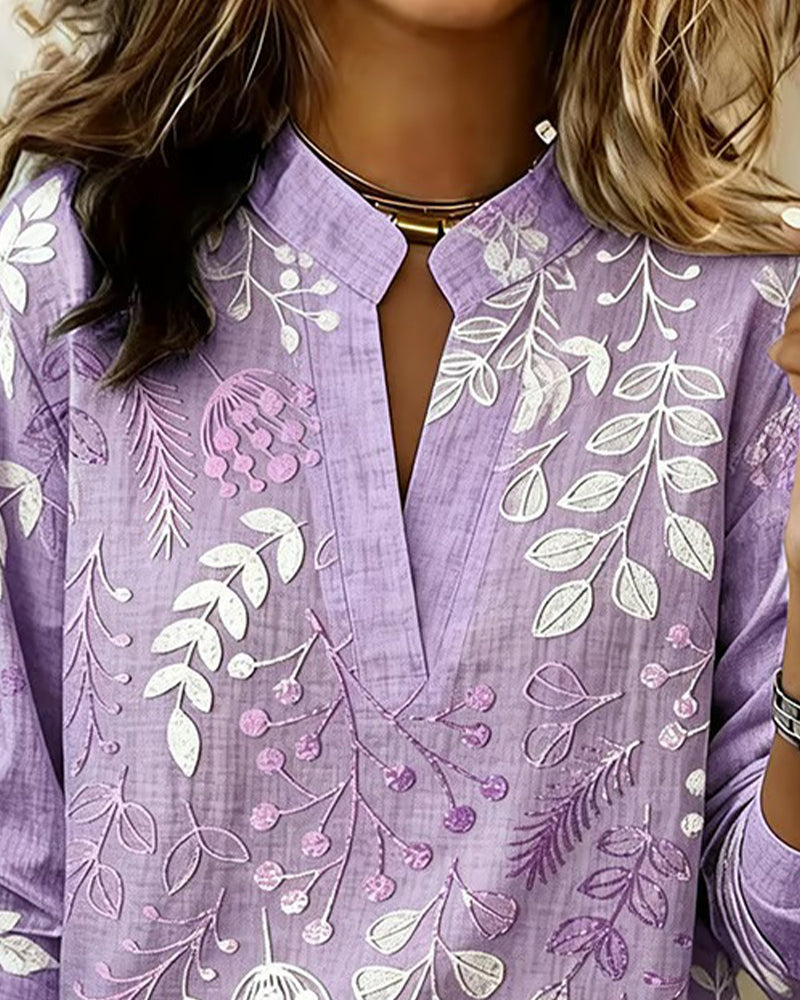 Drynora - Women's Floral Print Open Collar Long Sleeve Elegant Style Blouse