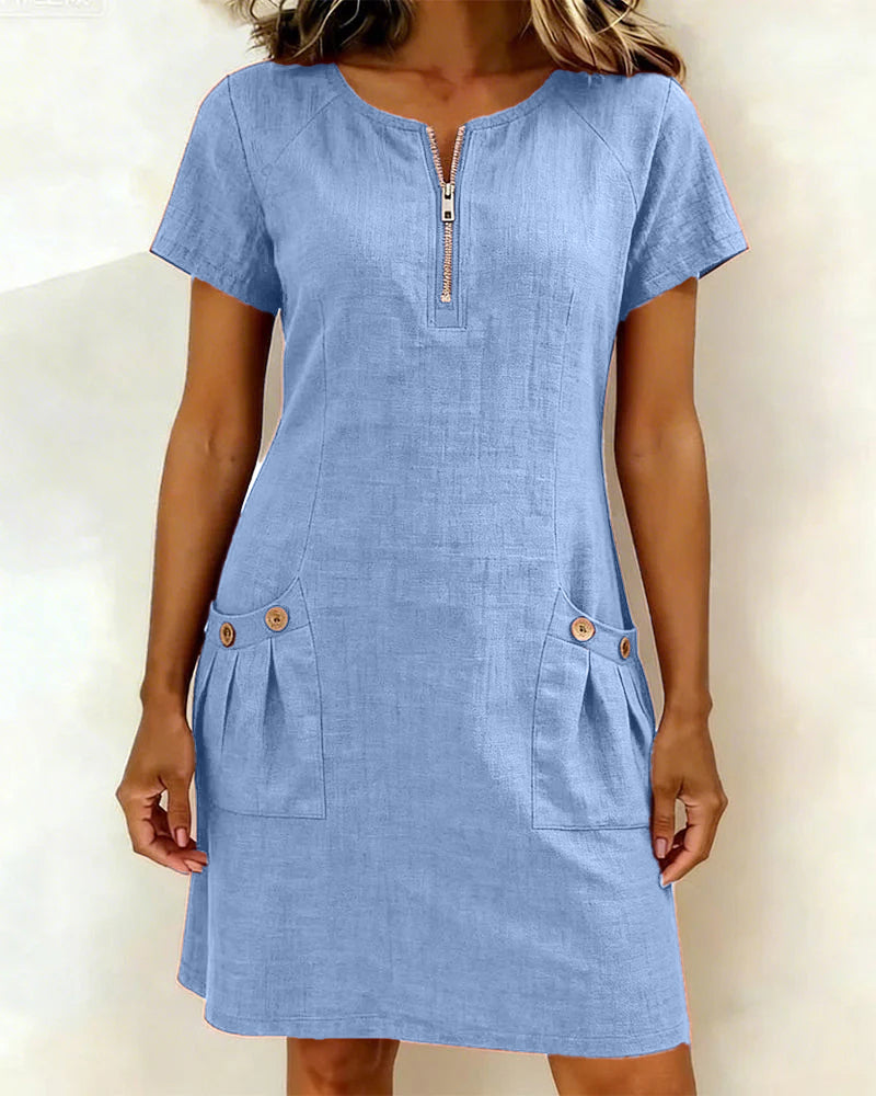 Kovira - Cotton Linen Short Dress with Zipper and Pockets