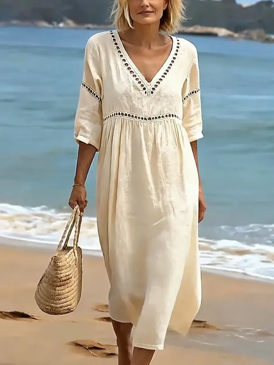 Rynoxa - Women's flowing midi dress V-neck wide sleeves elegant natural style
