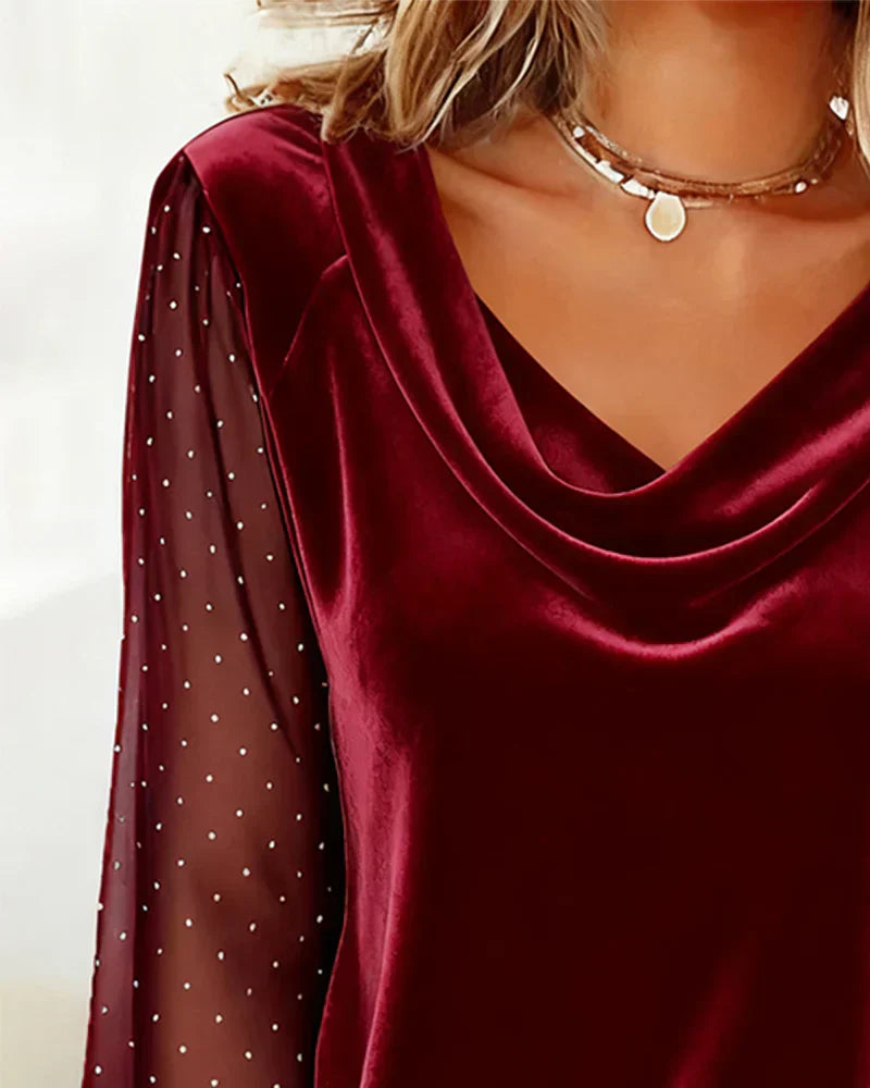 Lunavessia - Elegant Blouse with Draped Collar and Sheer Sleeves