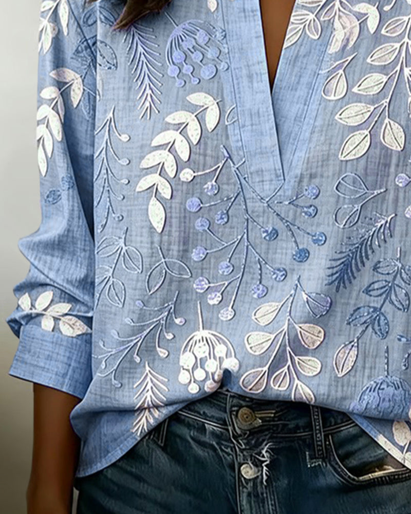 Drynora - Women's Floral Print Open Collar Long Sleeve Elegant Style Blouse