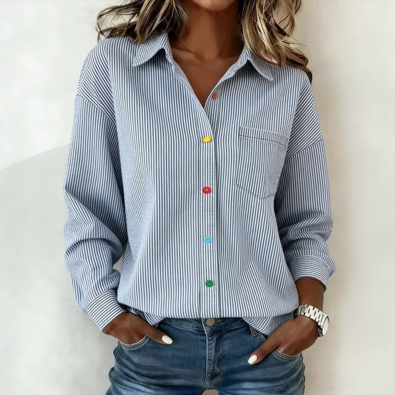 Sovira - Women's Casual Striped Button-Down Shirt with Pocket