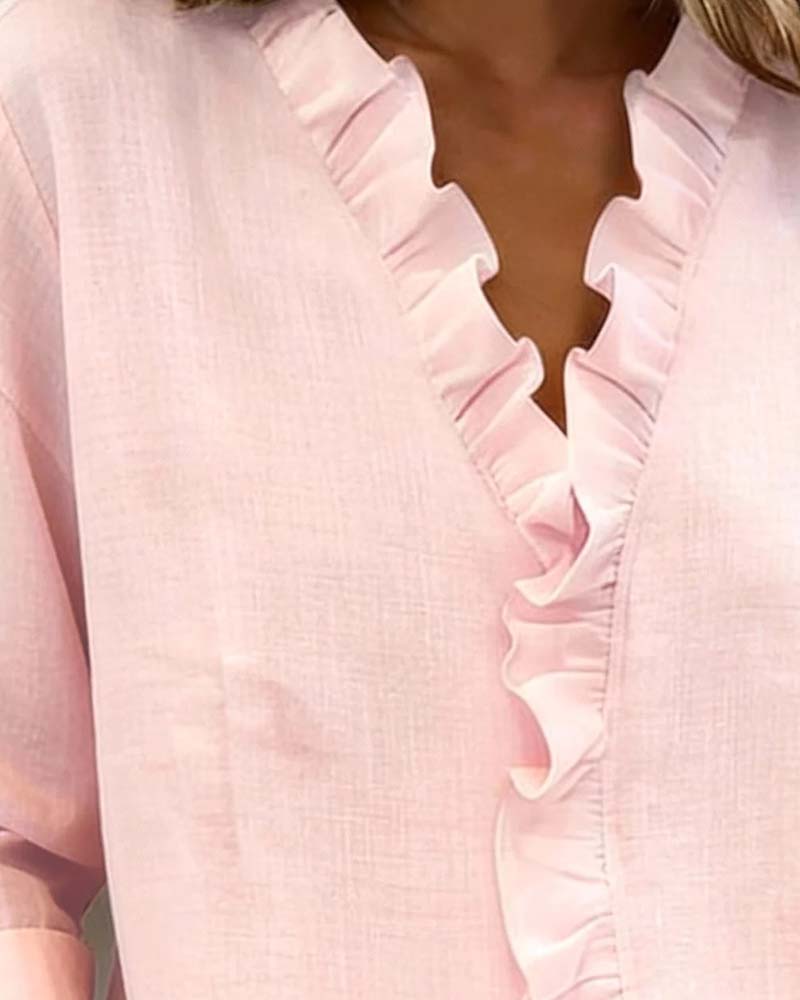 Elissavienne - Elegant Cotton Blouse with Ruffles and V-Neck