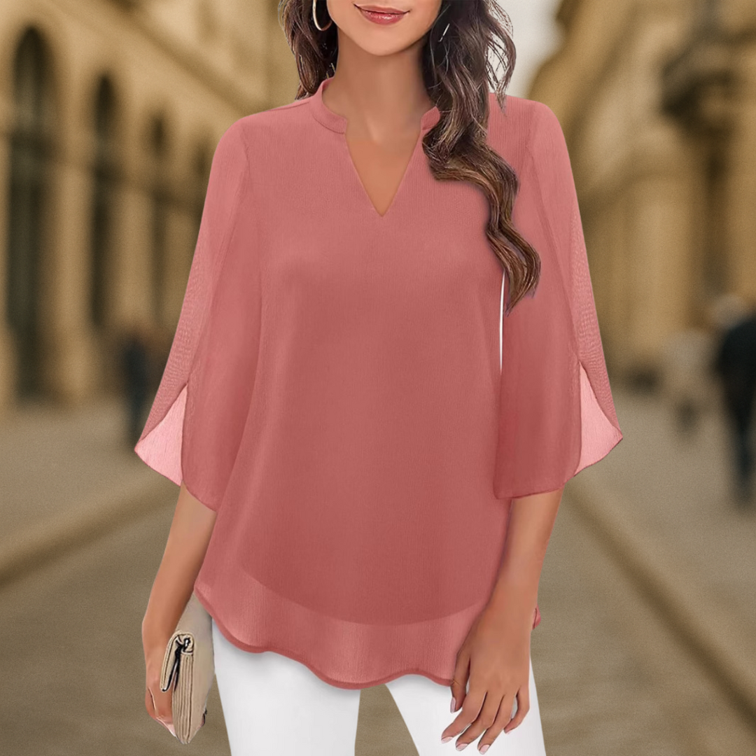 Ozyra - Elegant V-Neck Chiffon Flowy Blouse