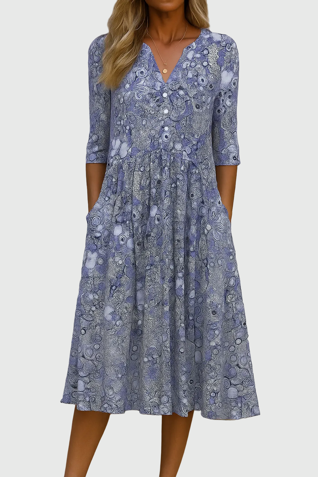 Hespera - Women's Printed V-Neck Midi Dress