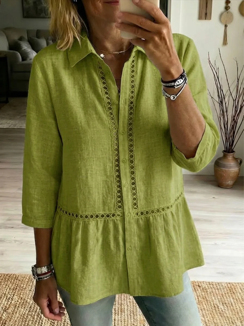 Nyvora - Women's flowing button-up shirt with classic collar and elegant openwork details