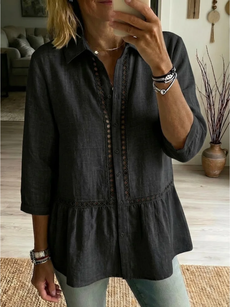 Nyvora - Women's flowing button-up shirt with classic collar and elegant openwork details