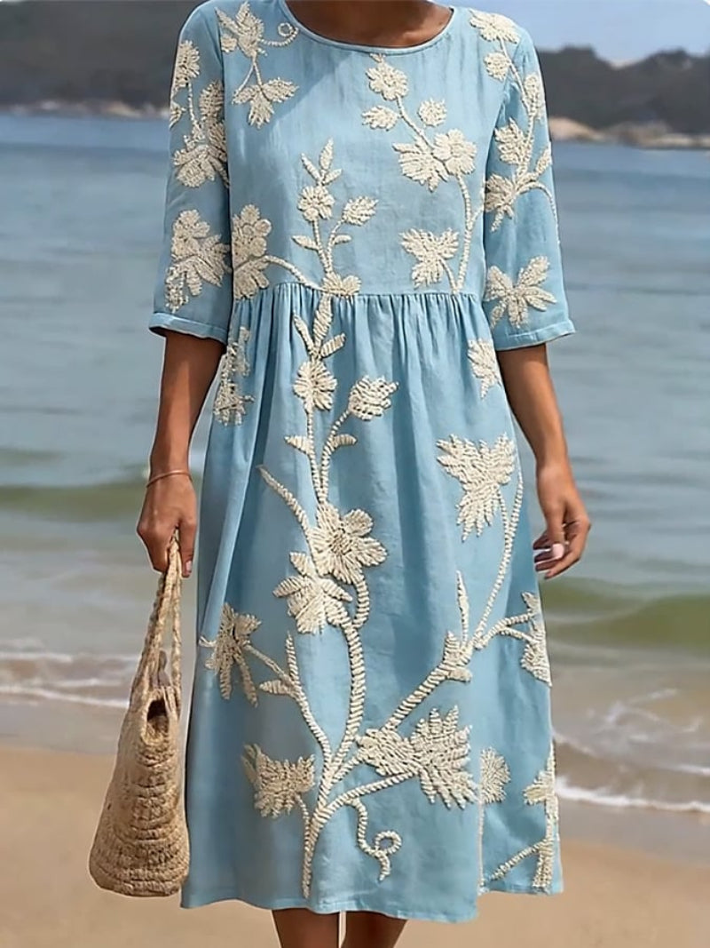 Delyth - Elegant Vintage Style Embroidered Flowy Midi Dress