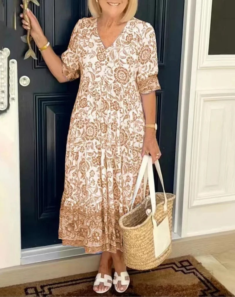 Aude - Elegant floral dress with V-neckline