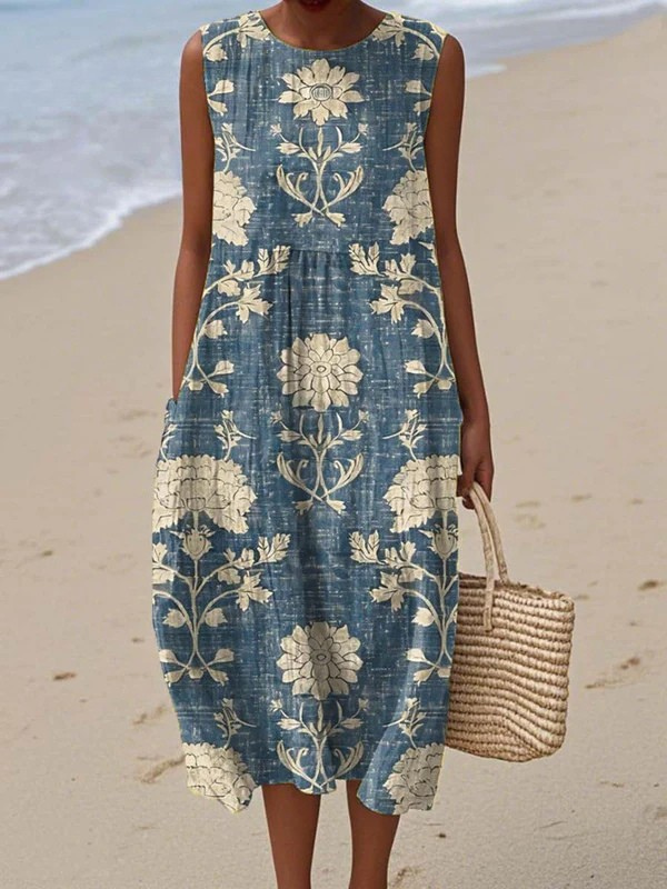 Tazira - Women's Summer Flowy Artistic Print Sleeveless Lightweight Comfortable Dress