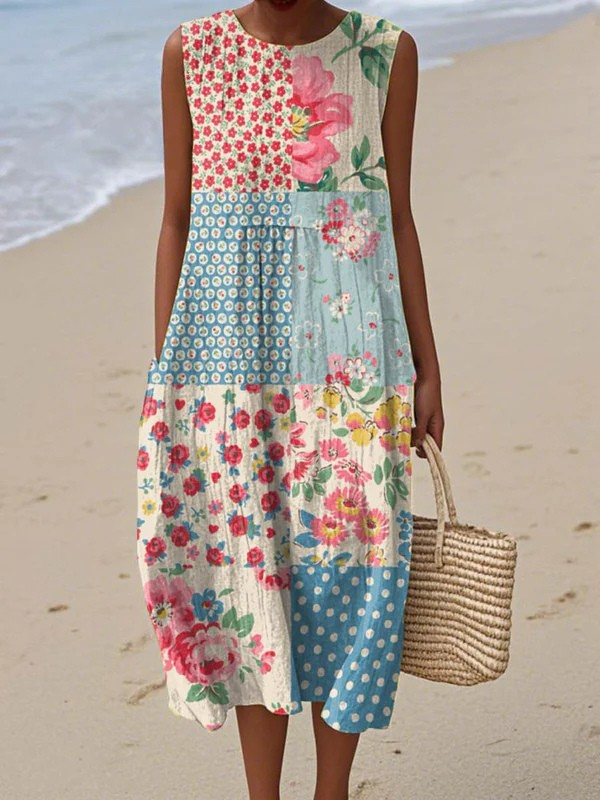 Tazira - Women's Summer Flowy Artistic Print Sleeveless Lightweight Comfortable Dress