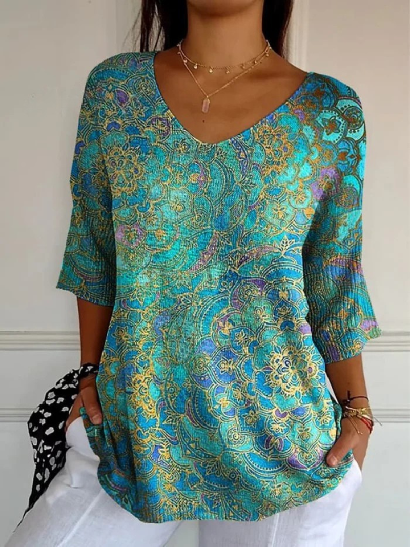 Kynelle - Women's Flowy Printed Blouse V-neck Flared Sleeves Elegant Bohemian Style