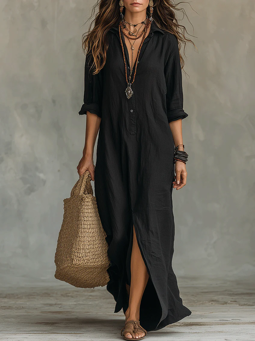 Olyndra - Women's Flowy Button-Down Long Dress Timeless Elegant Style