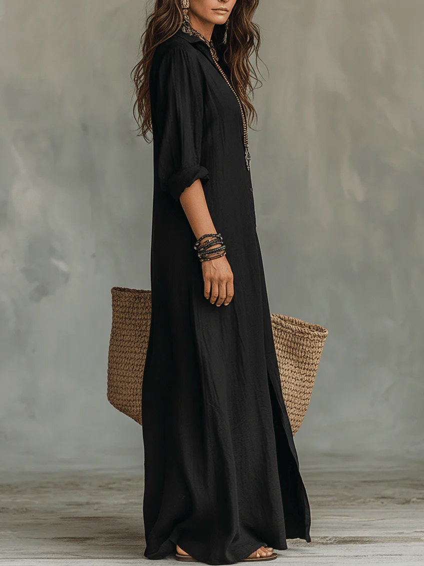 Olyndra - Women's Flowy Button-Down Long Dress Timeless Elegant Style