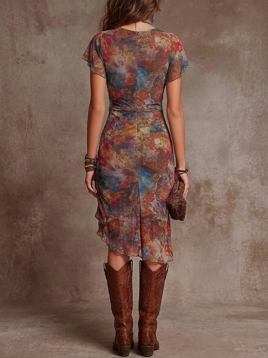 Syvra - Women's Bohemian Midi Dress Abstract Print V-Neck & Flowy Cut