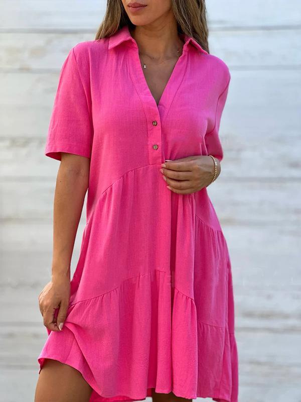 Vionelle - Women's Casual, Plain, Short Sleeve Cotton and Linen Dress