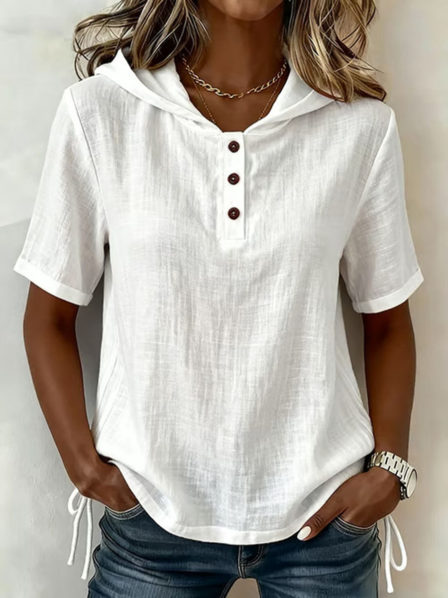 Aevrixa - Women's flowing short-sleeve hooded top with button-up open collar, casual style