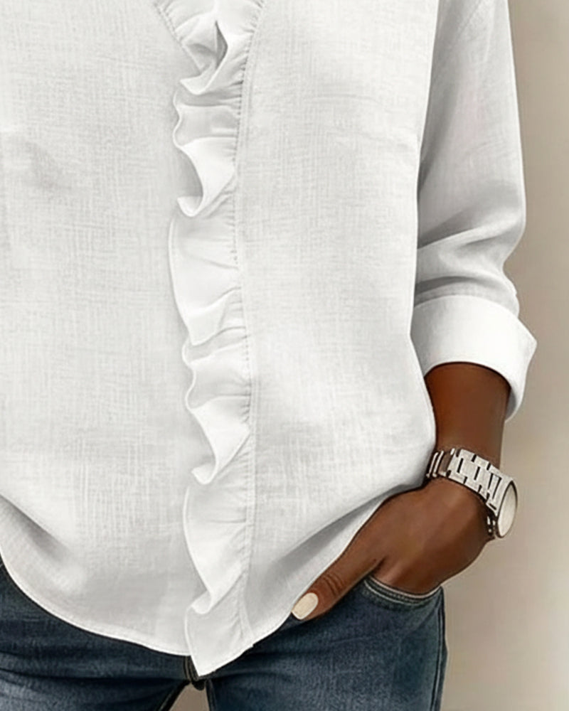 Elissavienne - Elegant Cotton Blouse with Ruffles and V-Neck