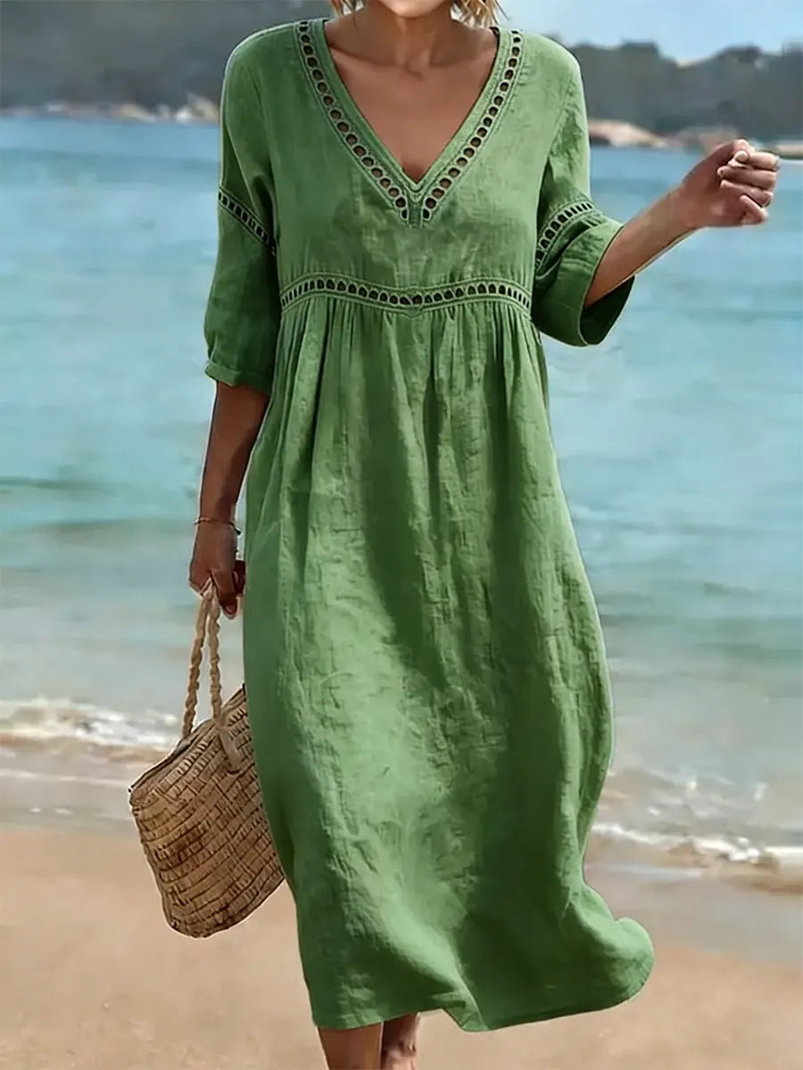 Rynoxa - Women's flowing midi dress V-neck wide sleeves elegant natural style