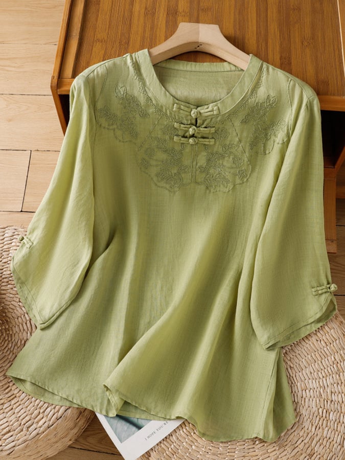 Myrvella - Women's embroidered round neck top natural style cotton linen