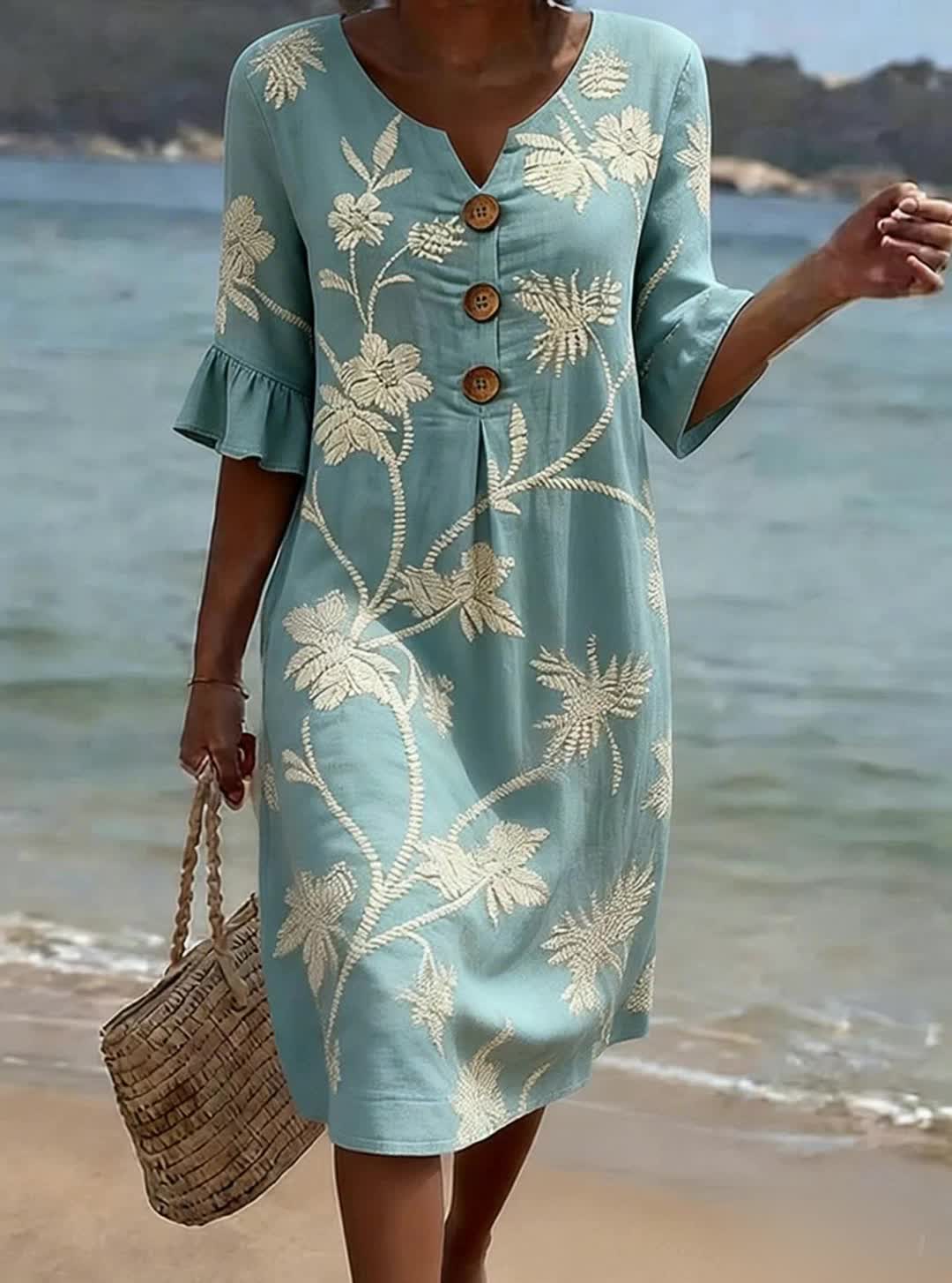 Belvora - Women's Cotton Linen Floral Print Relaxed Fit Comfortable Dress