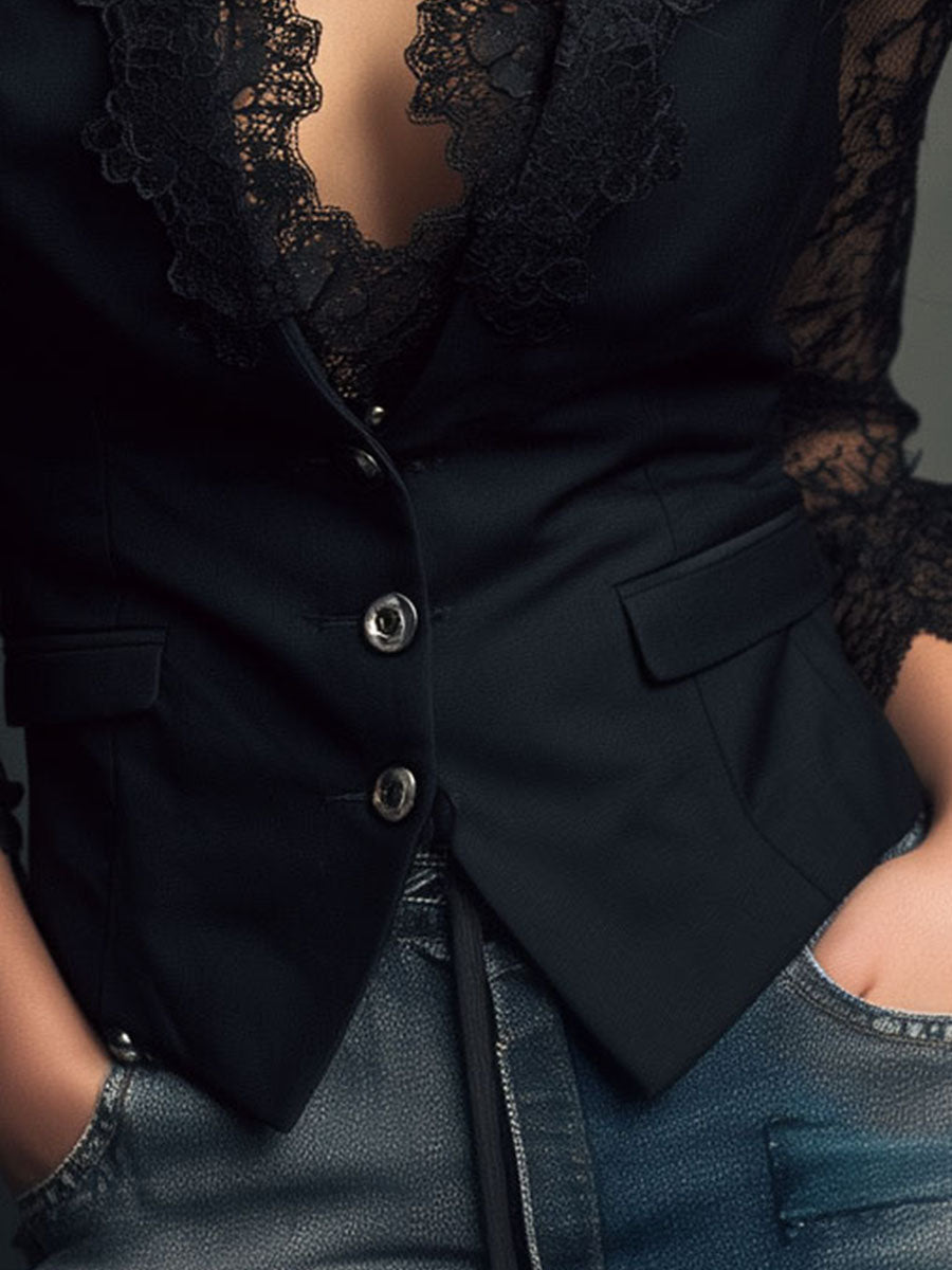 Bruxelle - Women's Elegant Lace Blouse with Transparent Sleeves