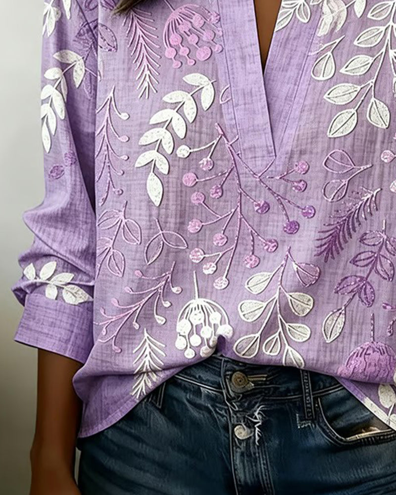 Drynora - Women's Floral Print Open Collar Long Sleeve Elegant Style Blouse