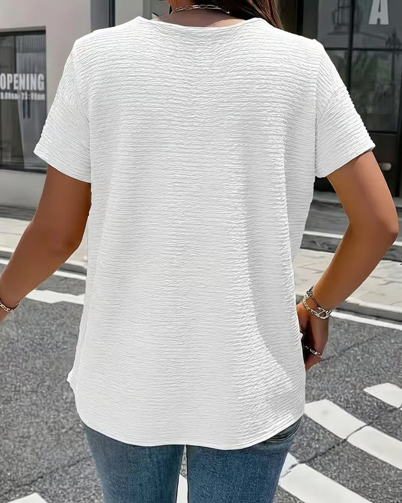 Syzelle - Women's textured round neck short sleeve t-shirt with decorative buttons, elegant