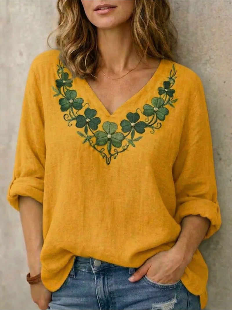 Jynelle - Elegant V-Neck Blouse with Embroidery