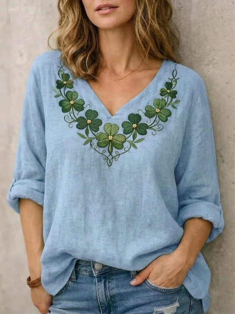 Jynelle - Elegant V-Neck Blouse with Embroidery