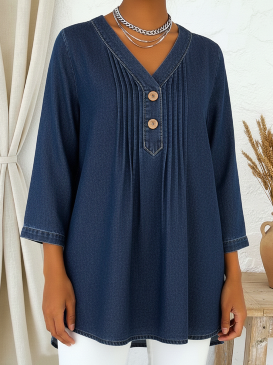 Avelynne - Flowy Denim Blouse with V-Neck