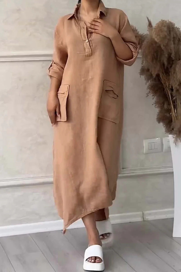 Leontine - Women's maxi dress in linen and cotton with lapels