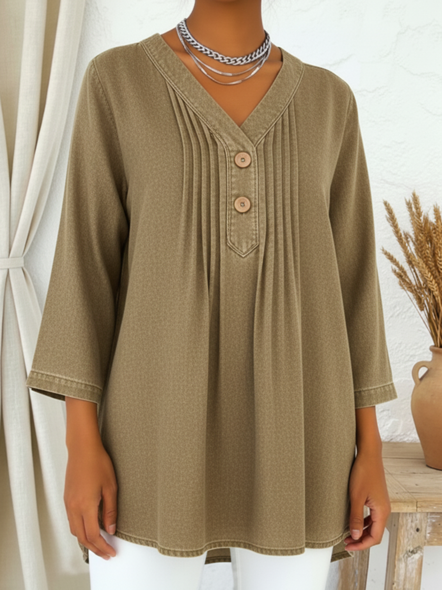 Avelynne - Flowy Denim Blouse with V-Neck