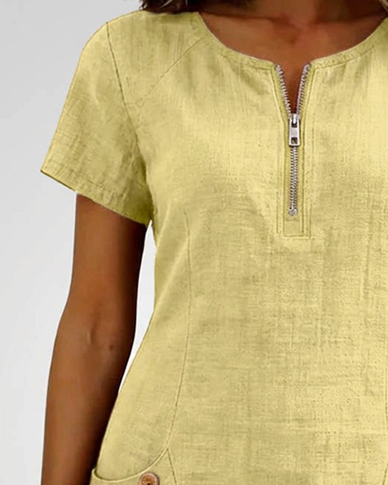 Kovira - Cotton Linen Short Dress with Zipper and Pockets