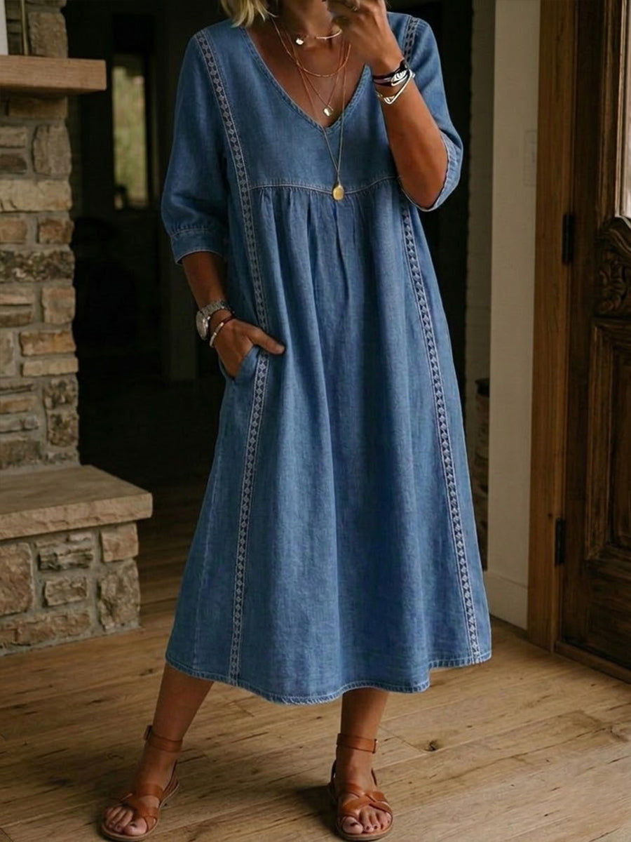 Fyntra - Women's Flowy Denim V-Neck Lace Casual Elegant Dress