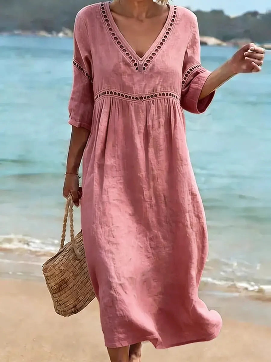 Rynoxa - Women's flowing midi dress V-neck wide sleeves elegant natural style