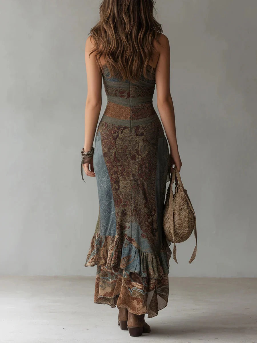 Norexa - Asymmetrical Long Dress with Ethnic Print and Elegant Slit