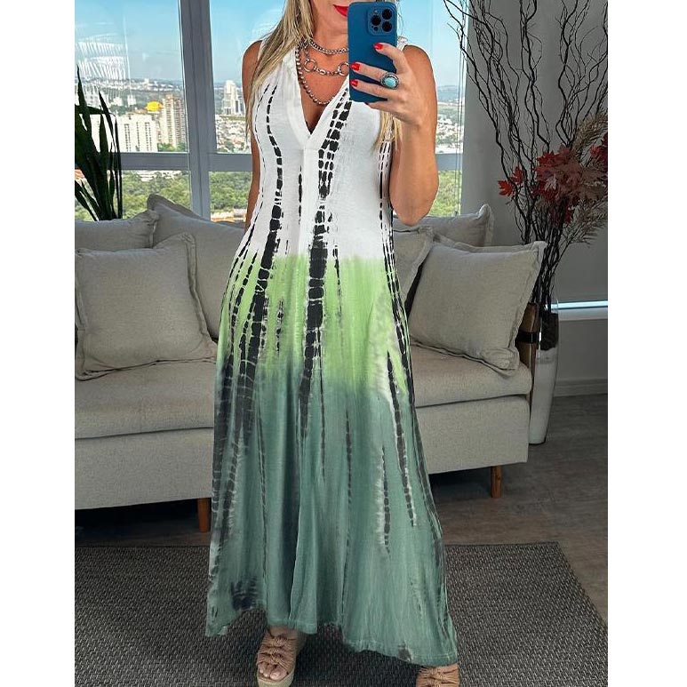 Calista - Sleeveless Tie-Dye Dress with Lapels and V-Neckline