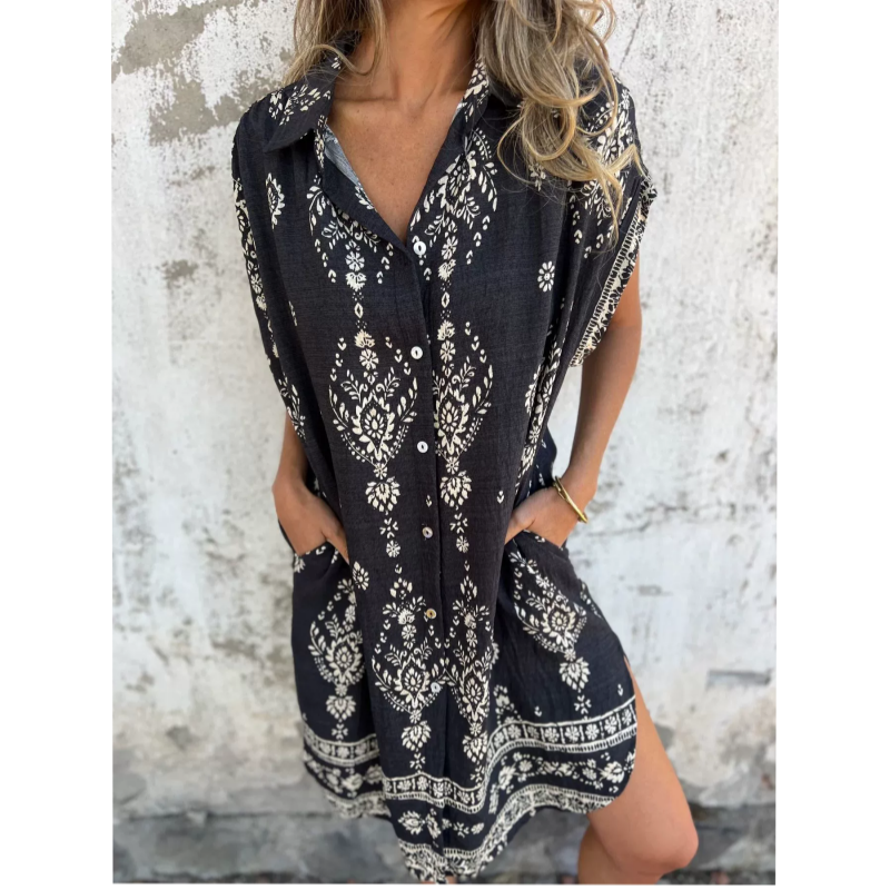 Sylviane - Loose Printed Short Sleeve Dress with Pockets